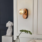 Wall Lamp Wood Body Amber Ribbed Glass Globe Walnut Color Modern Accent
