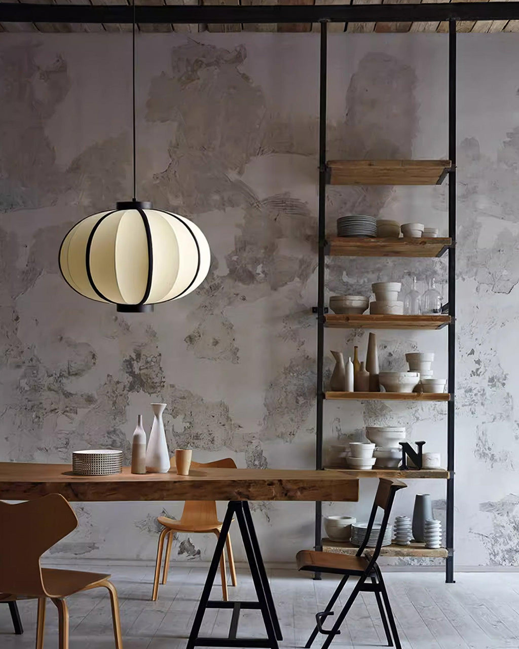 Pendant Lamp Fabric Lantern Shade Metal Frame Vintage