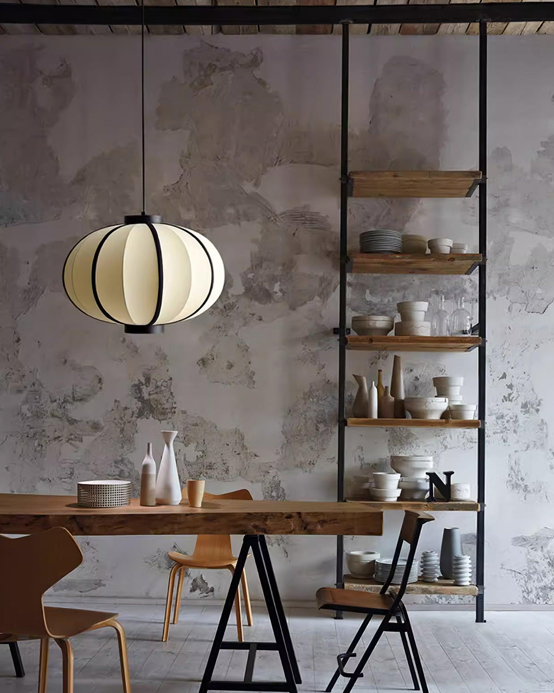 Pendant Lamp Fabric Lantern Shade Metal Frame Vintage