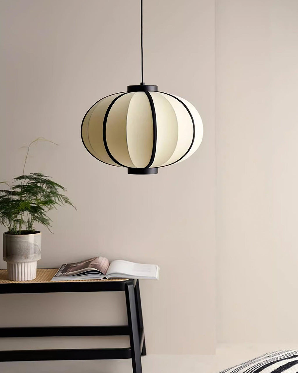 Pendant Lamp Fabric Lantern Shade Metal Frame Vintage