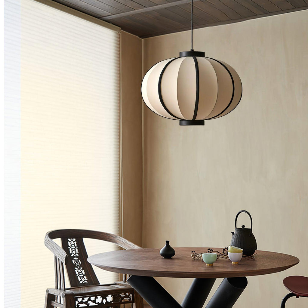 Pendant Lamp Fabric Lantern Shade Metal Frame Vintage