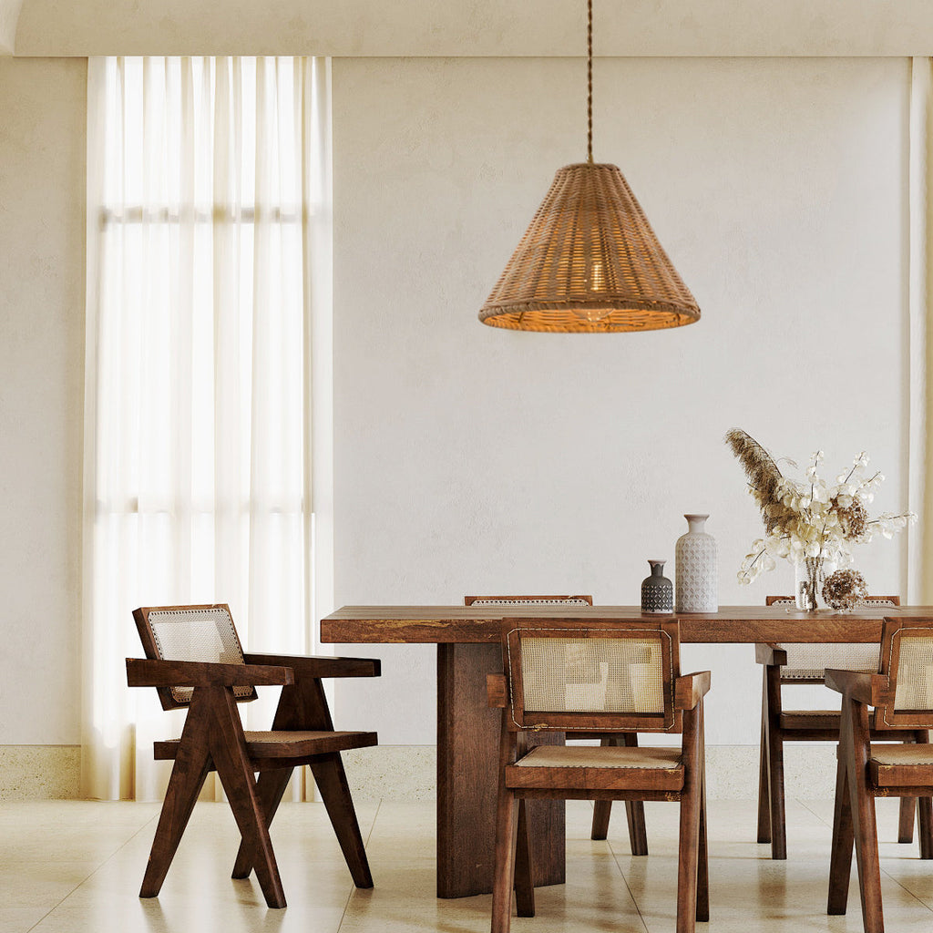 Pendant Lamp Rattan Shade and Metal Body Cone Shape Natural Minimalist