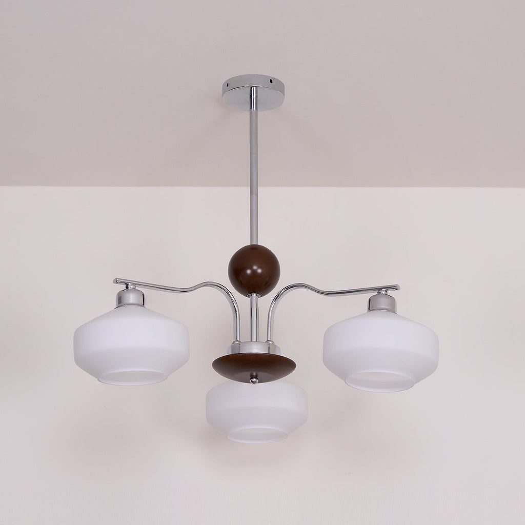 Chandelier White Glass Shades Chrome Walnut Arms Retro