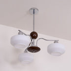 Chandelier White Glass Shades Chrome Walnut Arms Retro
