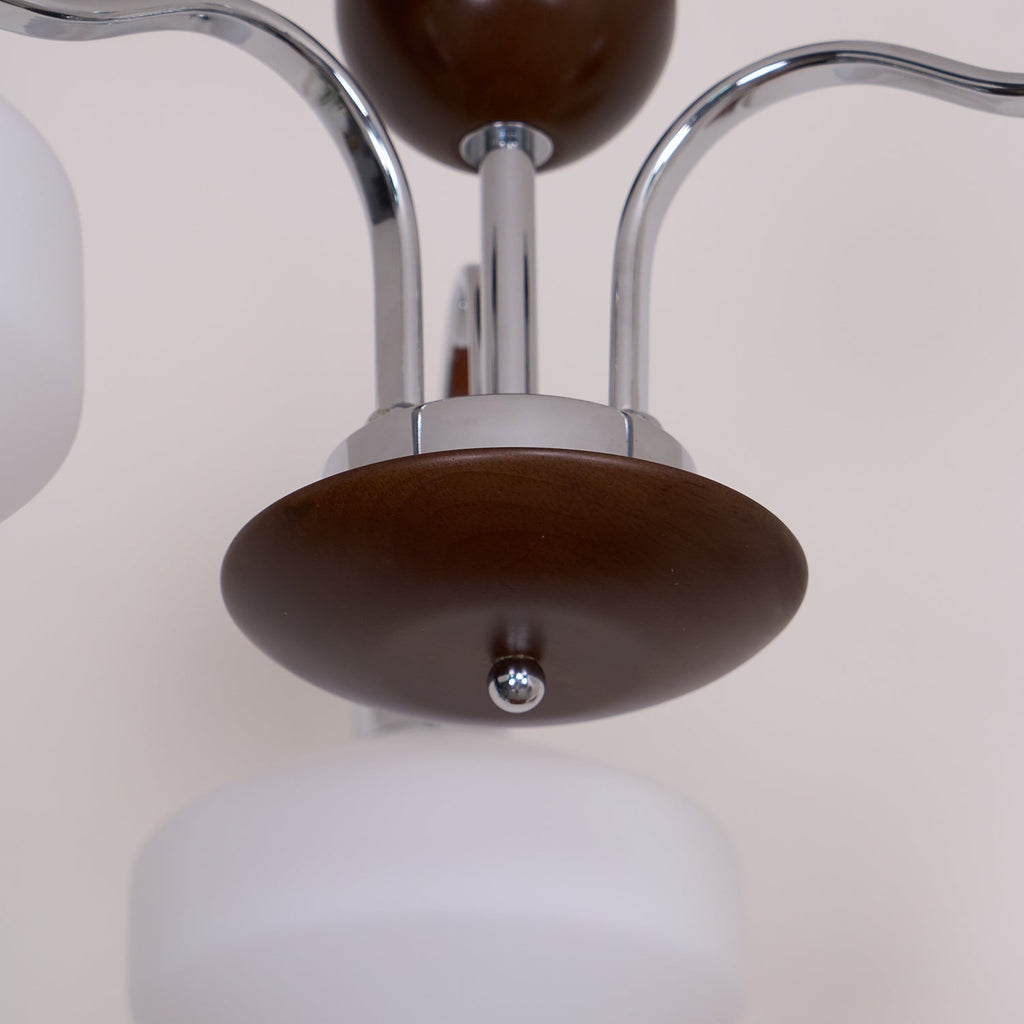 Chandelier White Glass Shades Chrome Walnut Arms Retro