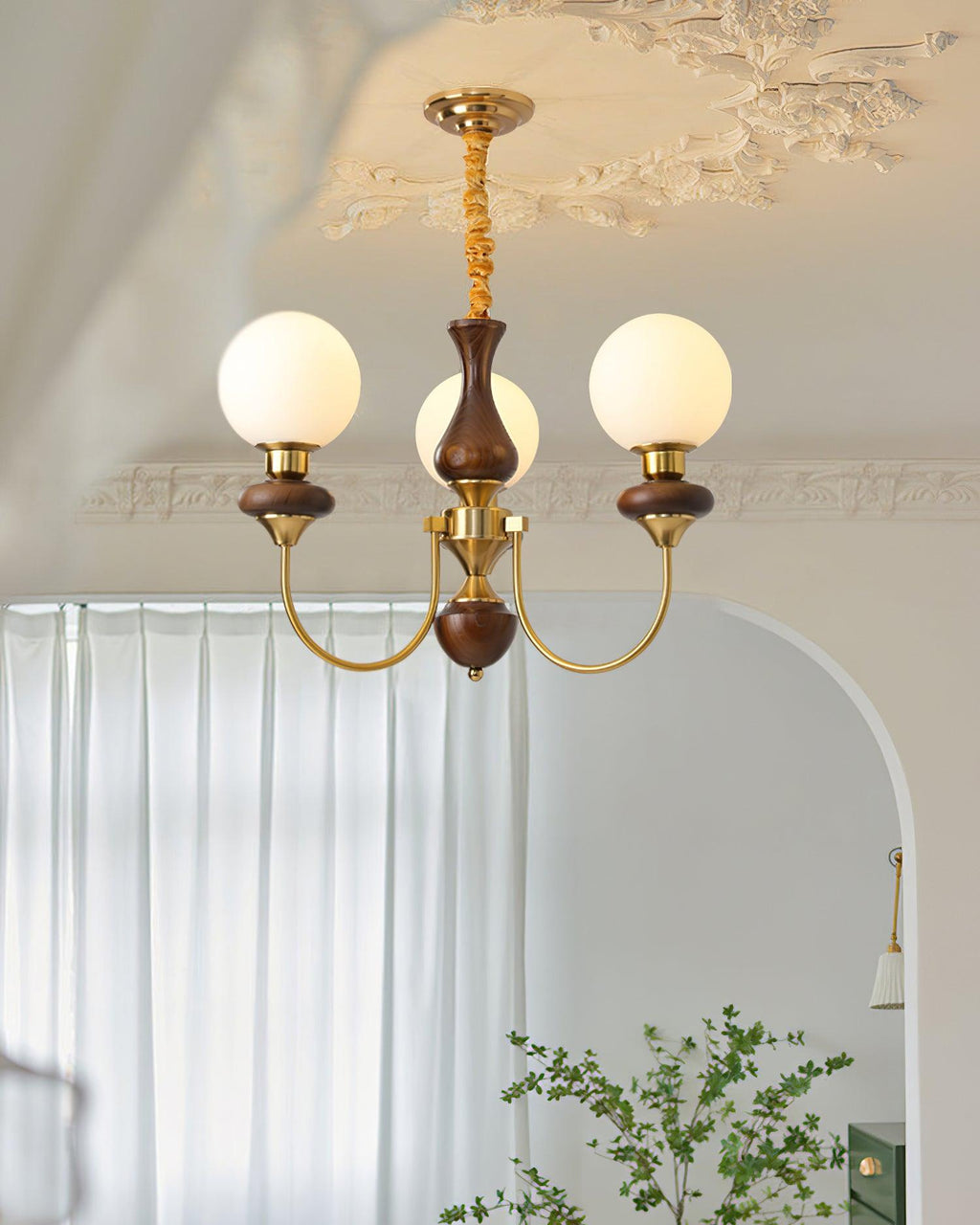 Chandelier Brass Curved Arms Walnut Vintage