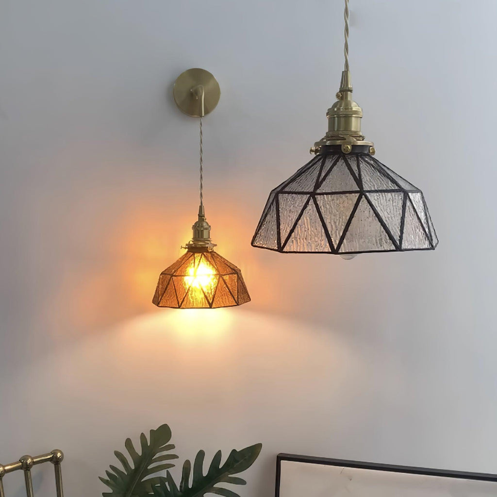 Wall Lamp Geometric Stained Glass Shade Vintage Brass Arm Pastoral