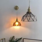 Wall Lamp Geometric Stained Glass Shade Vintage Brass Arm Pastoral