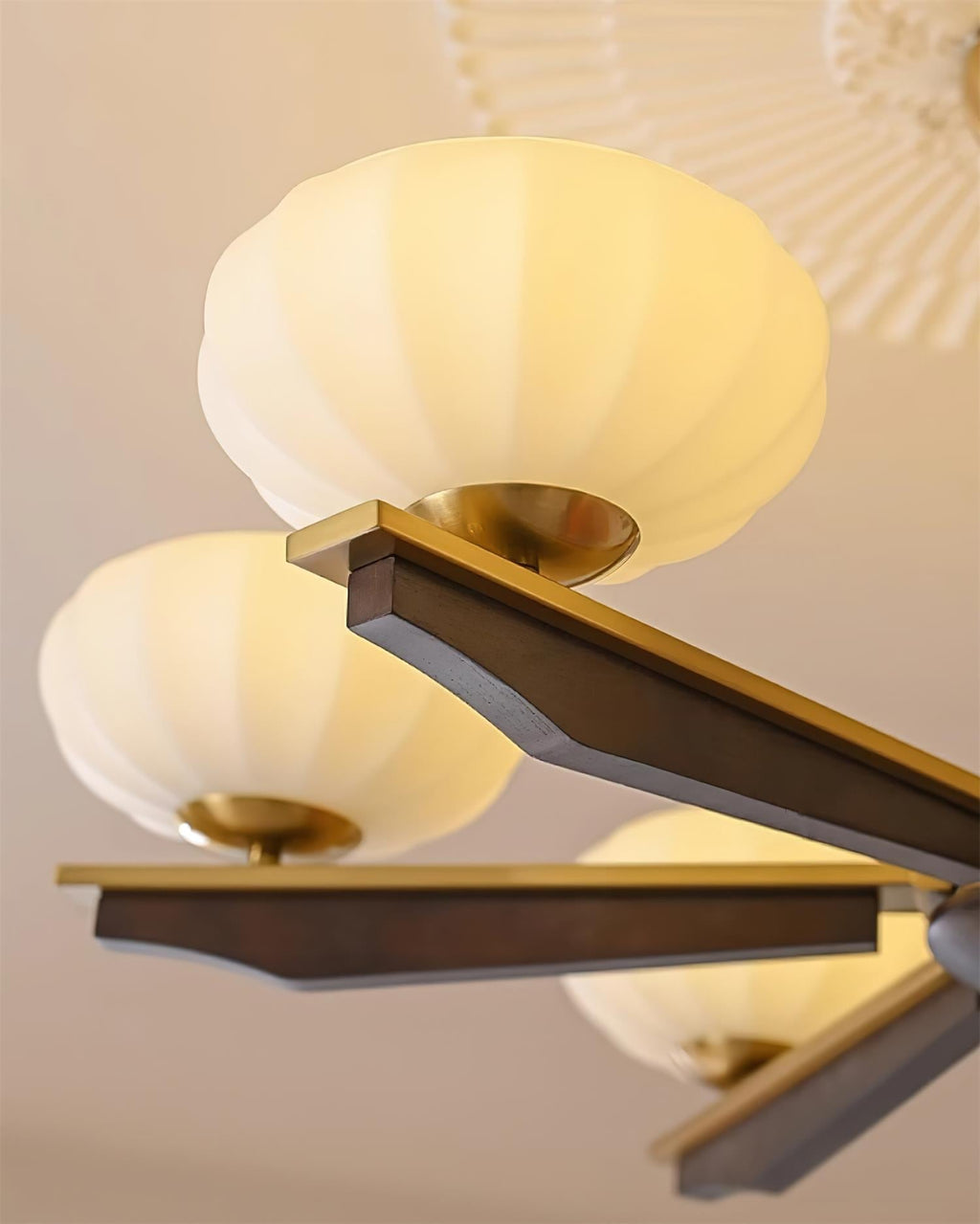 Chandelier Walnut Wood Arms and Opal Glass Shades Midcentury