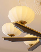 Chandelier Walnut Wood Arms and Opal Glass Shades Midcentury