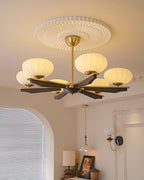 Chandelier Walnut Wood Arms and Opal Glass Shades Midcentury