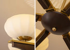Chandelier Walnut Wood Arms and Opal Glass Shades Midcentury