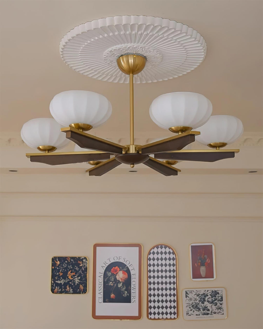 Chandelier Walnut Wood Arms and Opal Glass Shades Midcentury