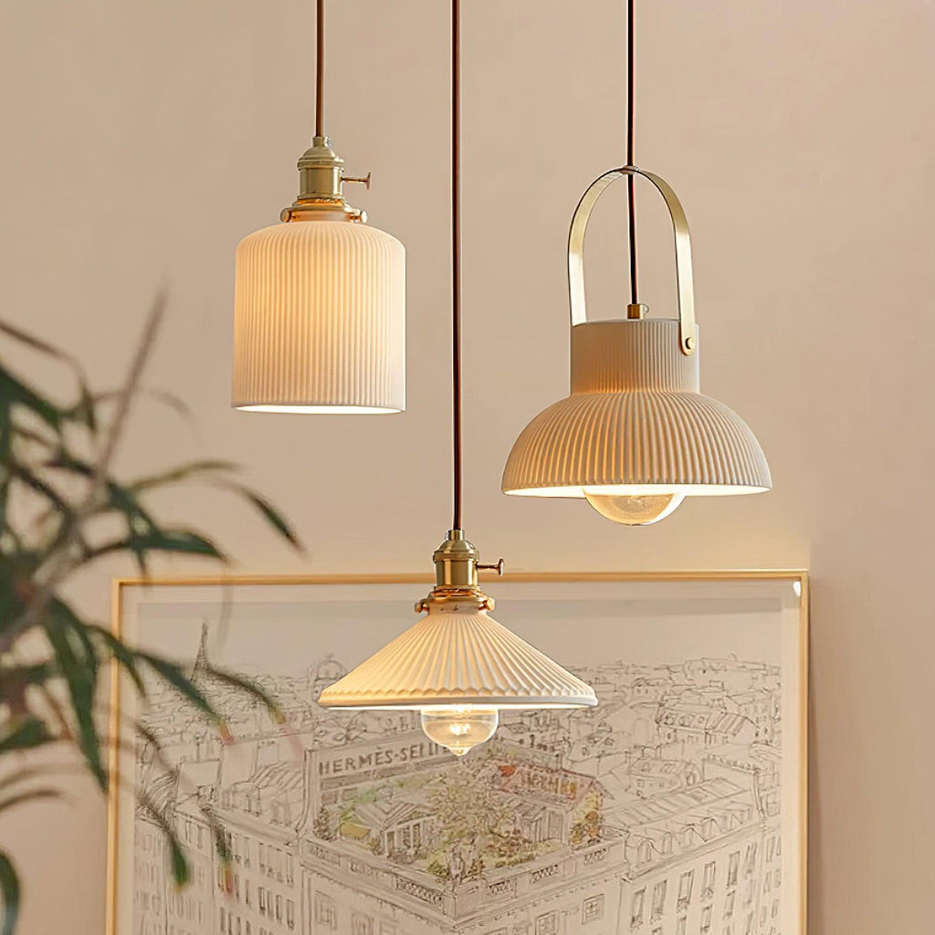 Pendant Lamp Ribbed White Ceramic with Brass Handle