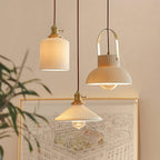 Pendant Lamp Ribbed White Ceramic with Brass Handle