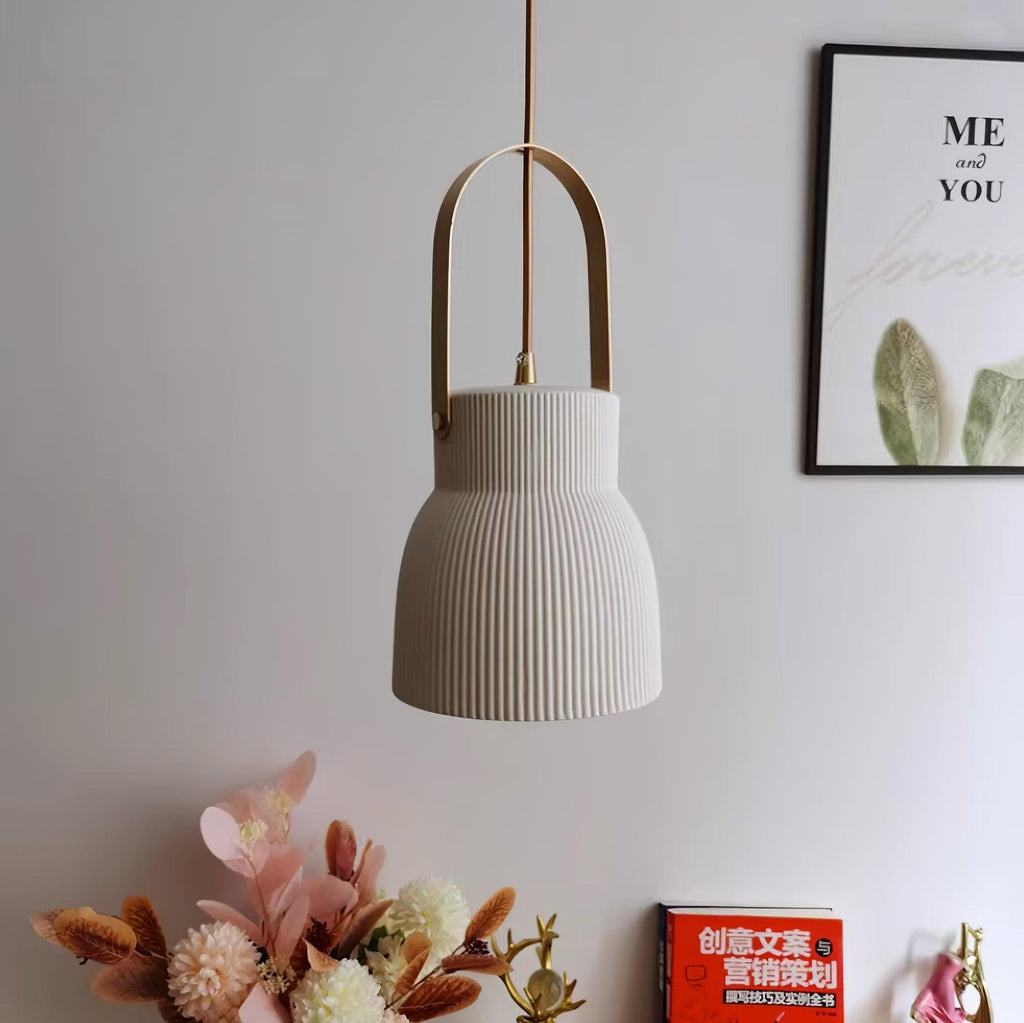 Pendant Lamp Ribbed White Ceramic with Brass Handle