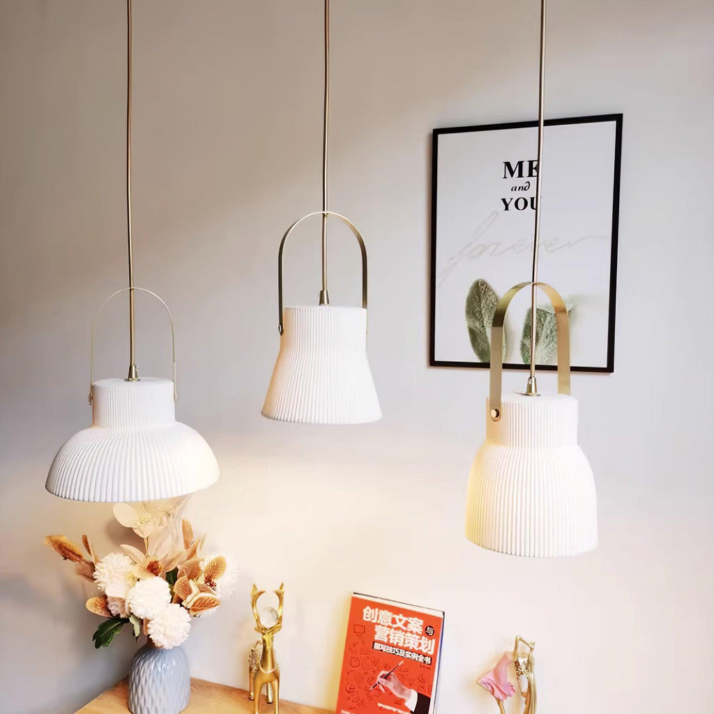 Pendant Lamp Ribbed White Ceramic with Brass Handle