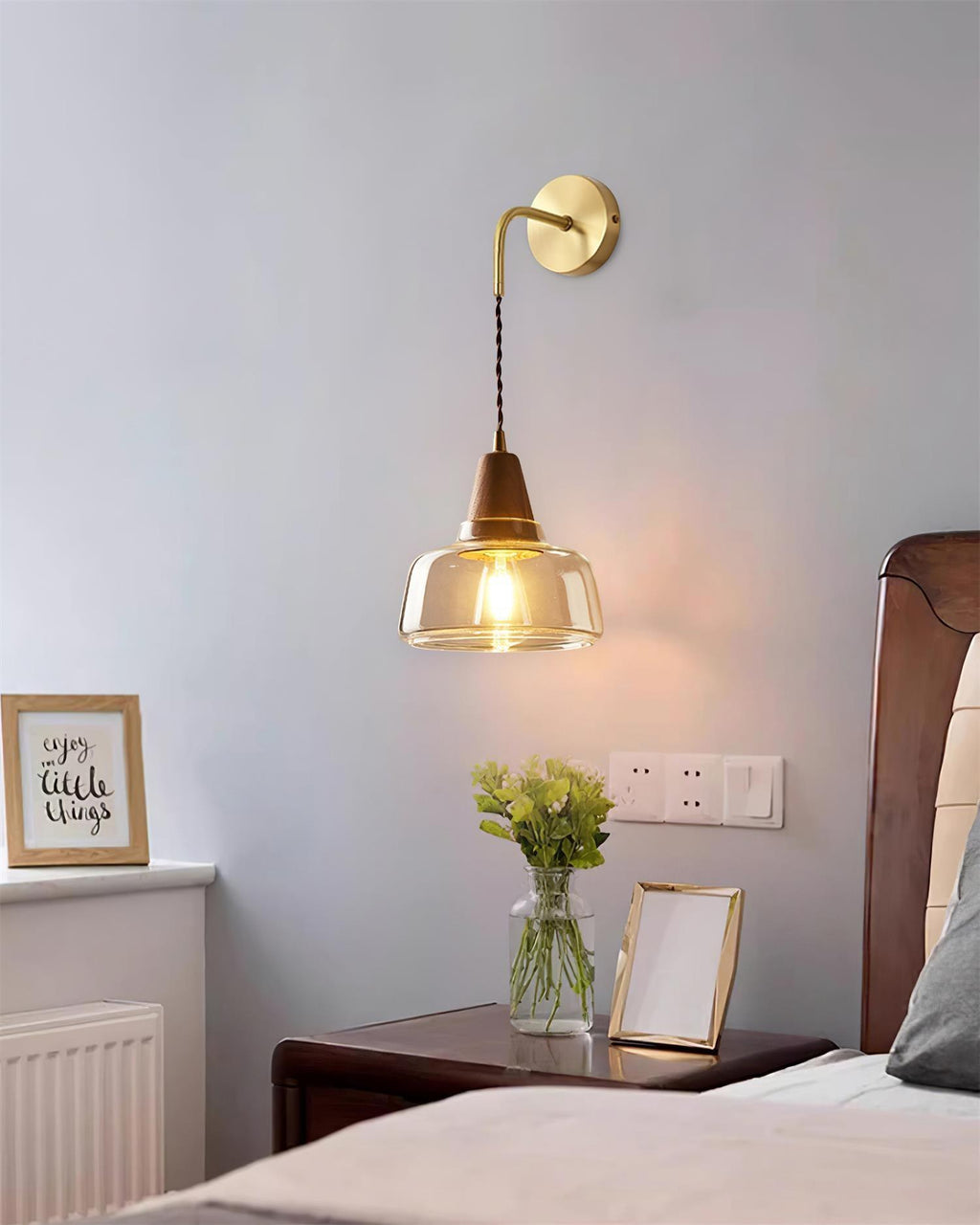 Wall Lamp Amber Glass Shade Tapered Walnut Accent Soft Glow Modern