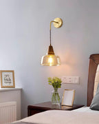 Wall Lamp Amber Glass Shade Tapered Walnut Accent Soft Glow Modern