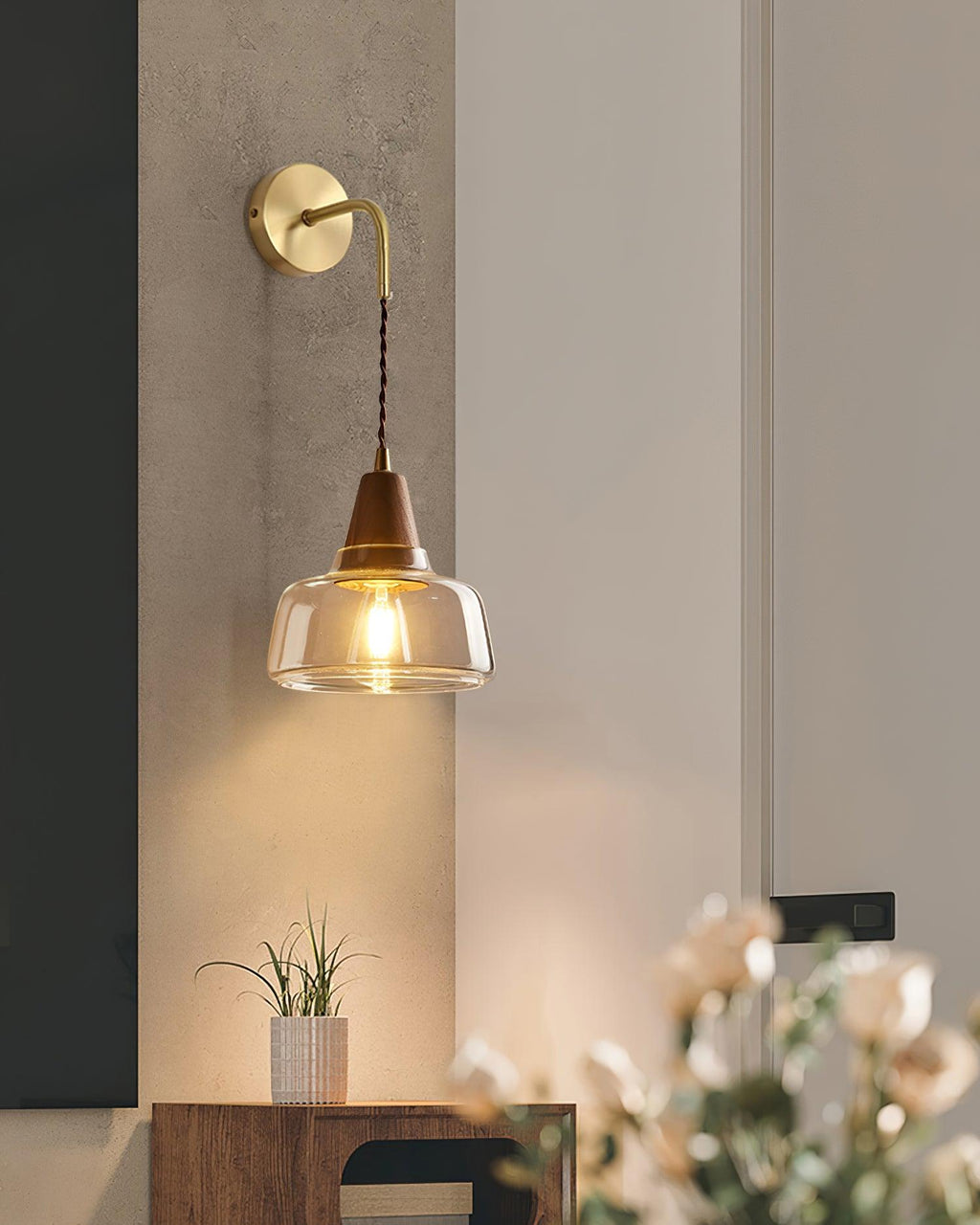Wall Lamp Amber Glass Shade Tapered Walnut Accent Soft Glow Modern
