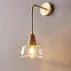 Wall Lamp Amber Glass Shade Tapered Walnut Accent Soft Glow Modern