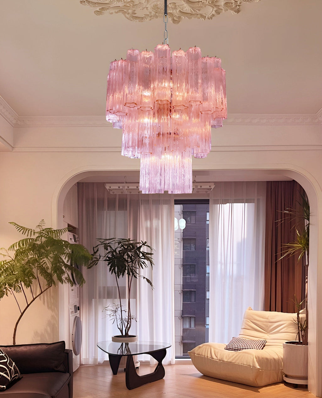 Aurora Chandelier Pink Glass Tubes Layered Modern