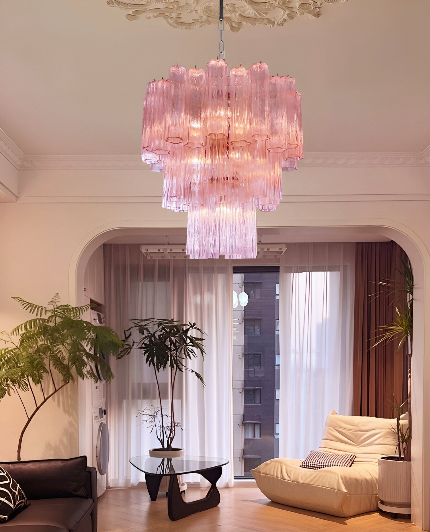 Aurora Chandelier Pink Glass Tubes Layered Modern