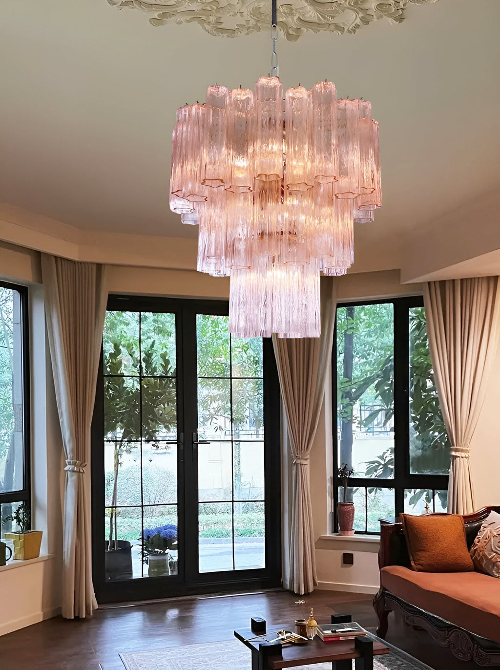 Aurora Chandelier Pink Glass Tubes Layered Modern