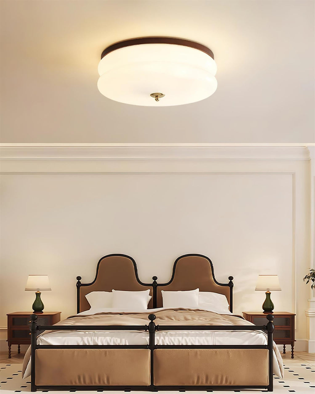 Ceiling Light Double-Layer Glass Disc Walnut Wood Minimalist