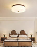 Ceiling Light Double-Layer Glass Disc Walnut Wood Minimalist