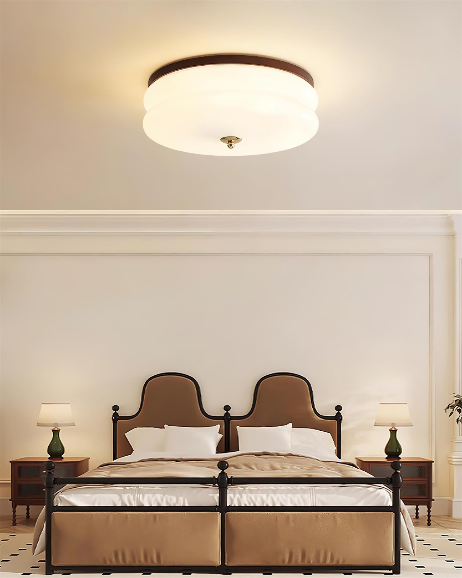 Ceiling Light Double-Layer Glass Disc Walnut Wood Minimalist