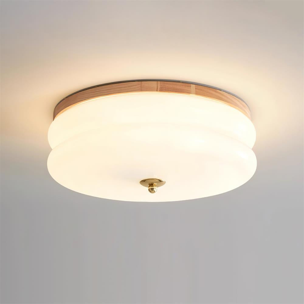 Ceiling Light Double-Layer Glass Disc Walnut Wood Minimalist