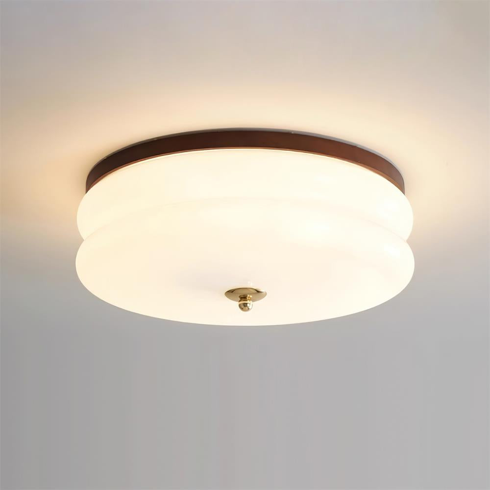 Ceiling Light Double-Layer Glass Disc Walnut Wood Minimalist