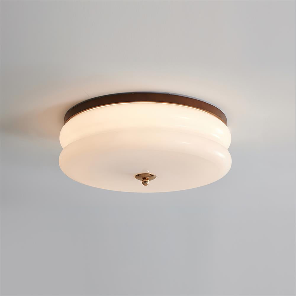 Ceiling Light Double-Layer Glass Disc Walnut Wood Minimalist
