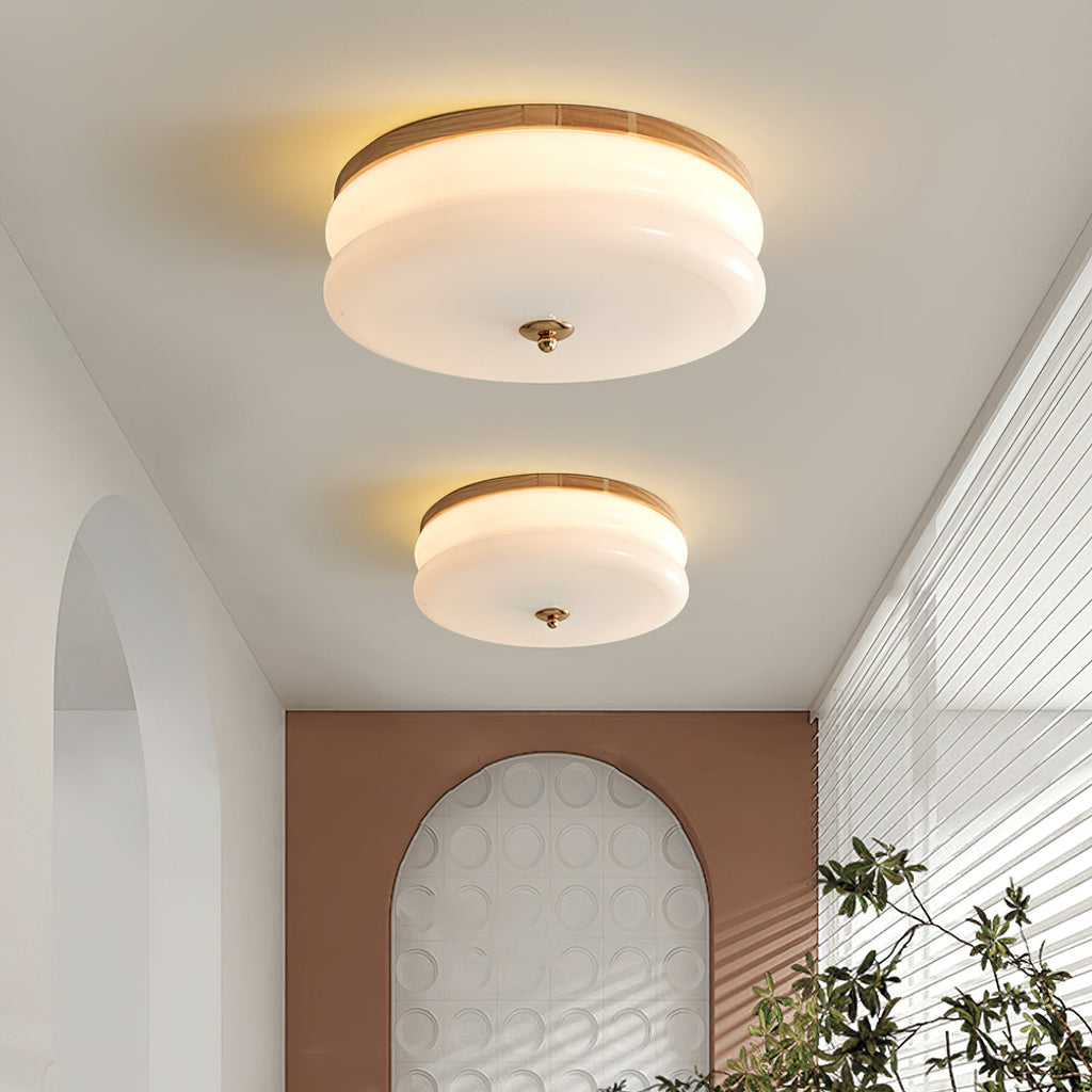 Ceiling Light Double-Layer Glass Disc Walnut Wood Minimalist
