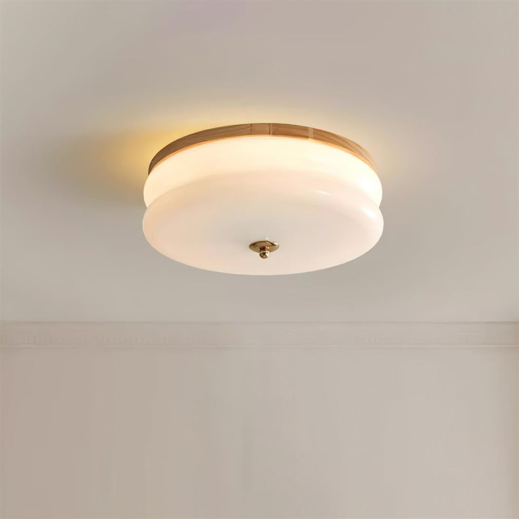 Ceiling Light Double-Layer Glass Disc Walnut Wood Minimalist