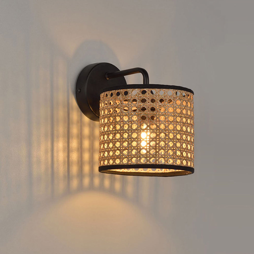 Muto Rustic Cylindrical Rattan/Metal Wall Lamp, Brown