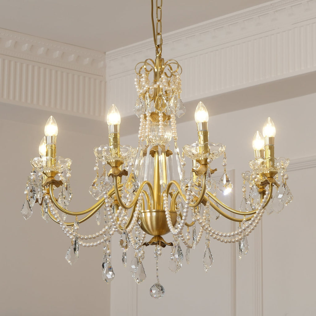 Chandelier Brass Body Crystal Pearl Drops Vintage Elegance