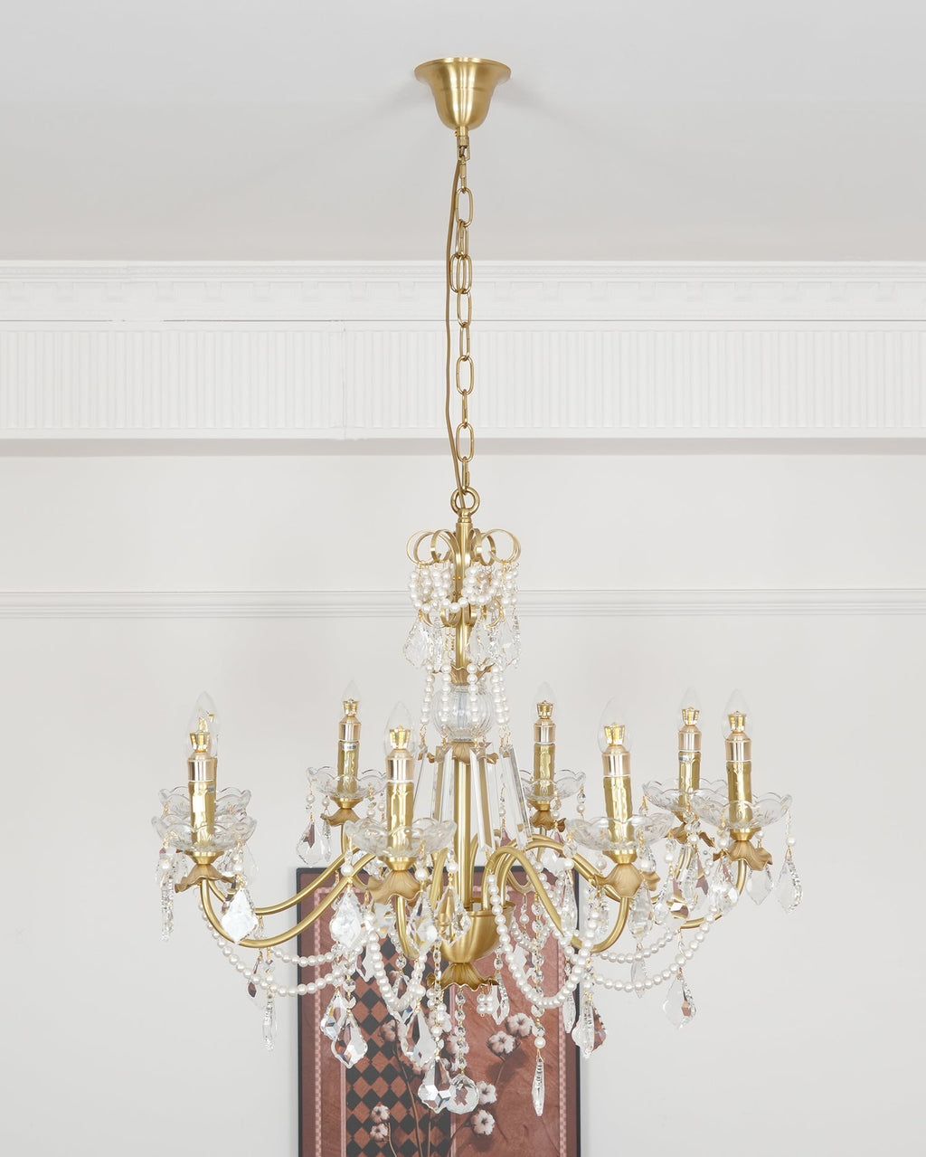 Chandelier Brass Body Crystal Pearl Drops Vintage Elegance
