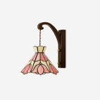Wall Lamp Wood Body Tiffany Glass Shade Pink Floral Vintage Art