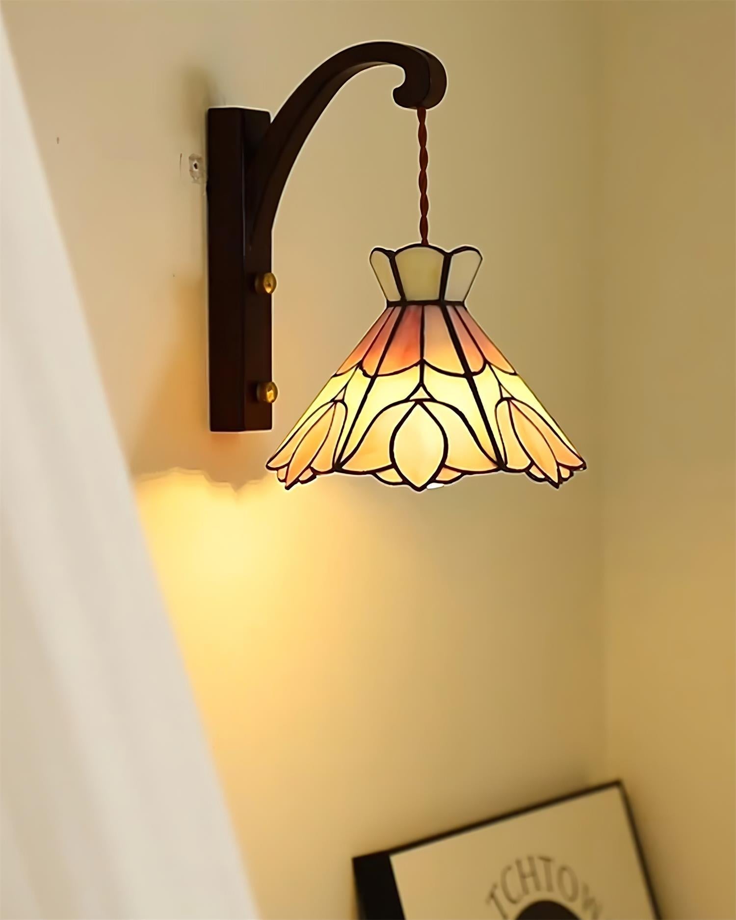 Wall Lamp Wood Body Tiffany Glass Shade Pink Floral Vintage Art