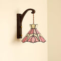 Wall Lamp Wood Body Tiffany Glass Shade Pink Floral Vintage Art