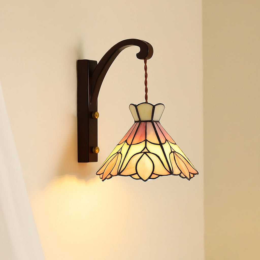 Wall Lamp Wood Body Tiffany Glass Shade Pink Floral Vintage Art