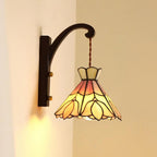 Wall Lamp Wood Body Tiffany Glass Shade Pink Floral Vintage Art