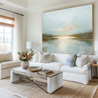 Serene Lake Sunset Oil Painting Neutral Blue and Gold