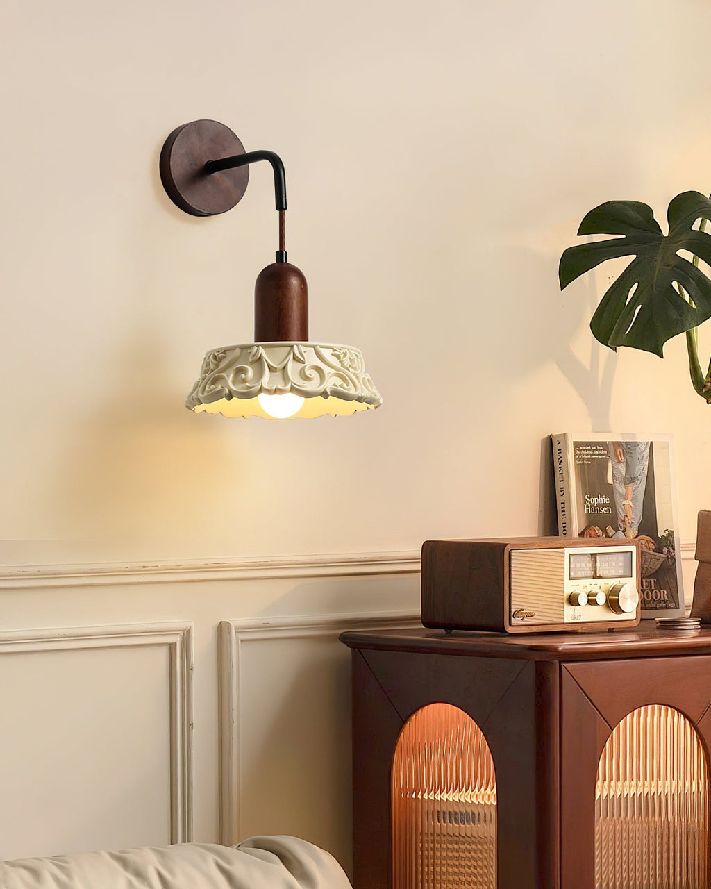 Wall Lamp with Carved Resin Shade Walnut Wood Arm Vintage
