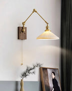Wall Lamp Adjustable Arm Pleated Shade Walnut Base Vintage Task
