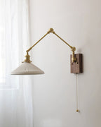 Wall Lamp Adjustable Arm Pleated Shade Walnut Base Vintage Task