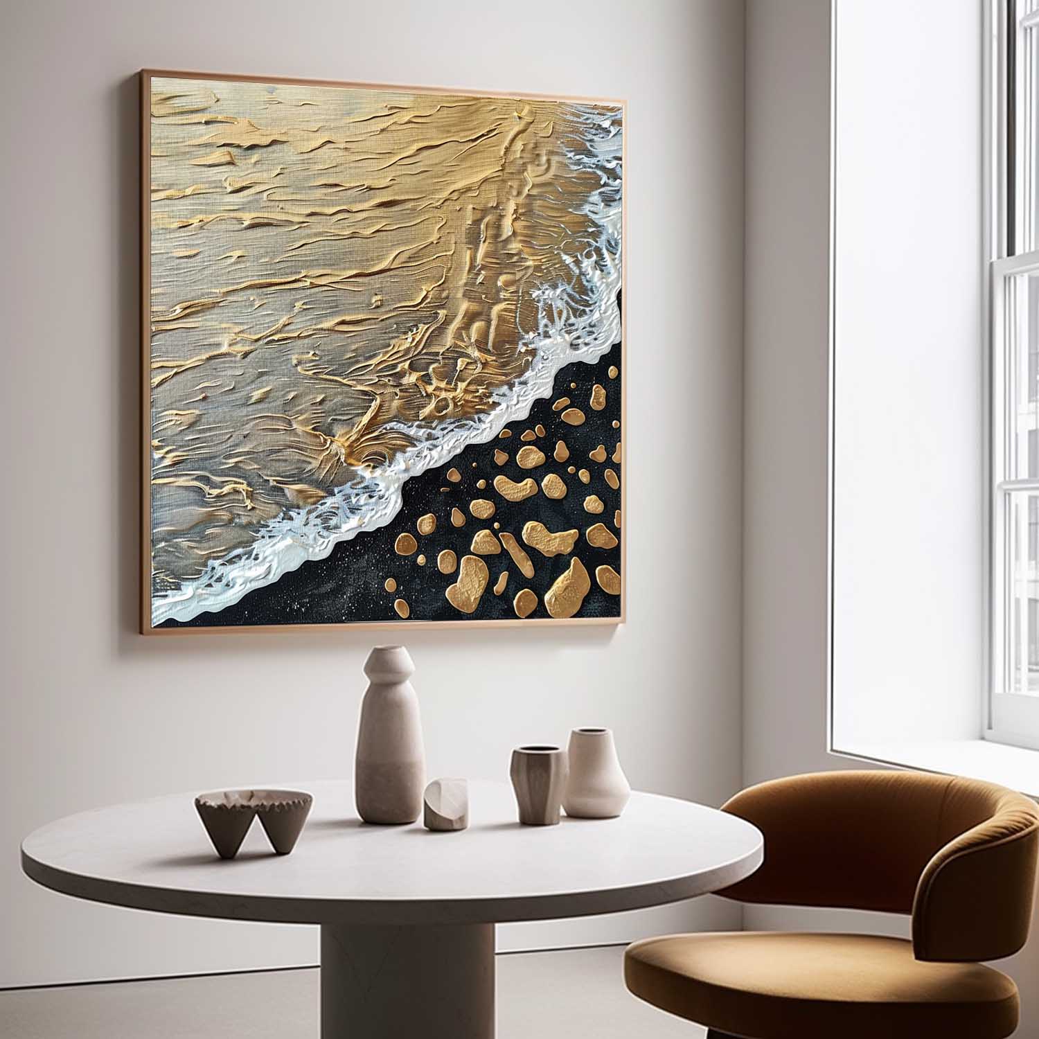 Golden Coastal Wave Oil Painting