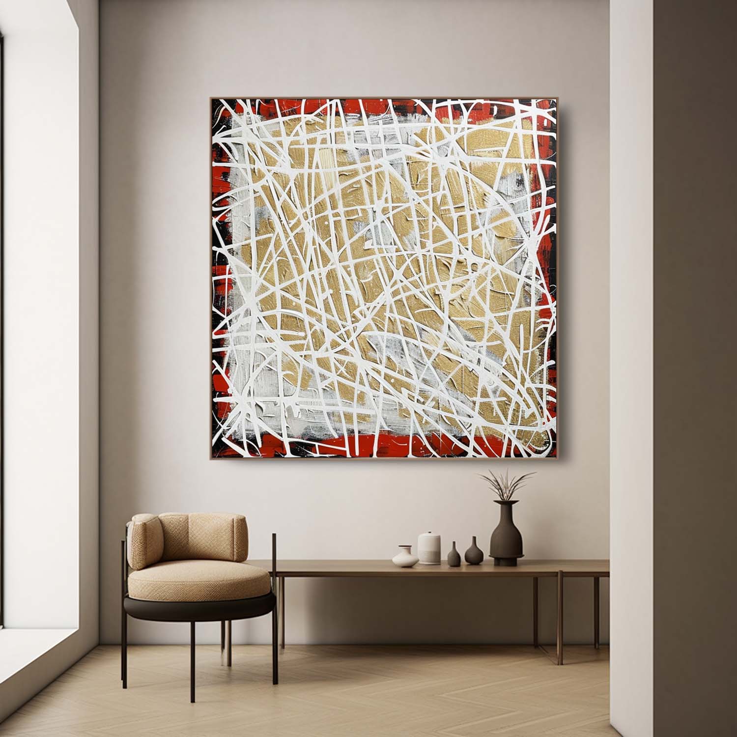 Tactile Red Gold Oil Painting White Web-Lines Luxe